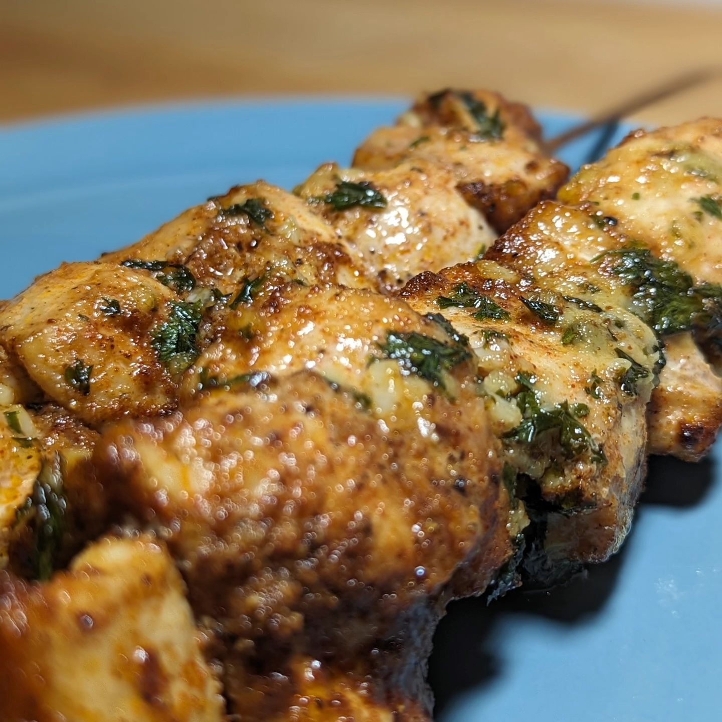 Chicken on a stick! What do you think? Is food better on a stick? This chicken breast is brushed in garlic, Parmesan and butter, and was cooked in the air fryer! My wife lead the charge on this recipe and I lead the eating! #chickenbreast #chickenkabob #chickenskewers #airfryer #healthychicken