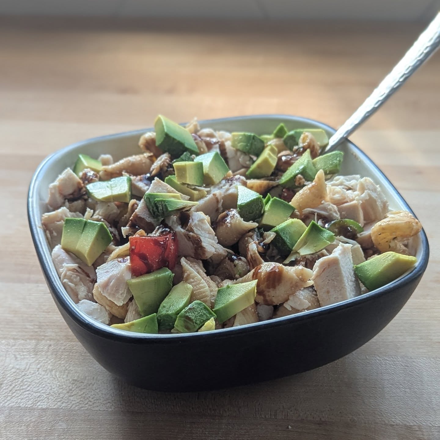 Balanced pasta saladSome pasta, cucumber, tomato, bell pepper, basil, chicken and avocado tossed with olive oil, balsamic vinegar and some flaked smoked salt. This pasta salad gets better with every day it sits in the fridge!