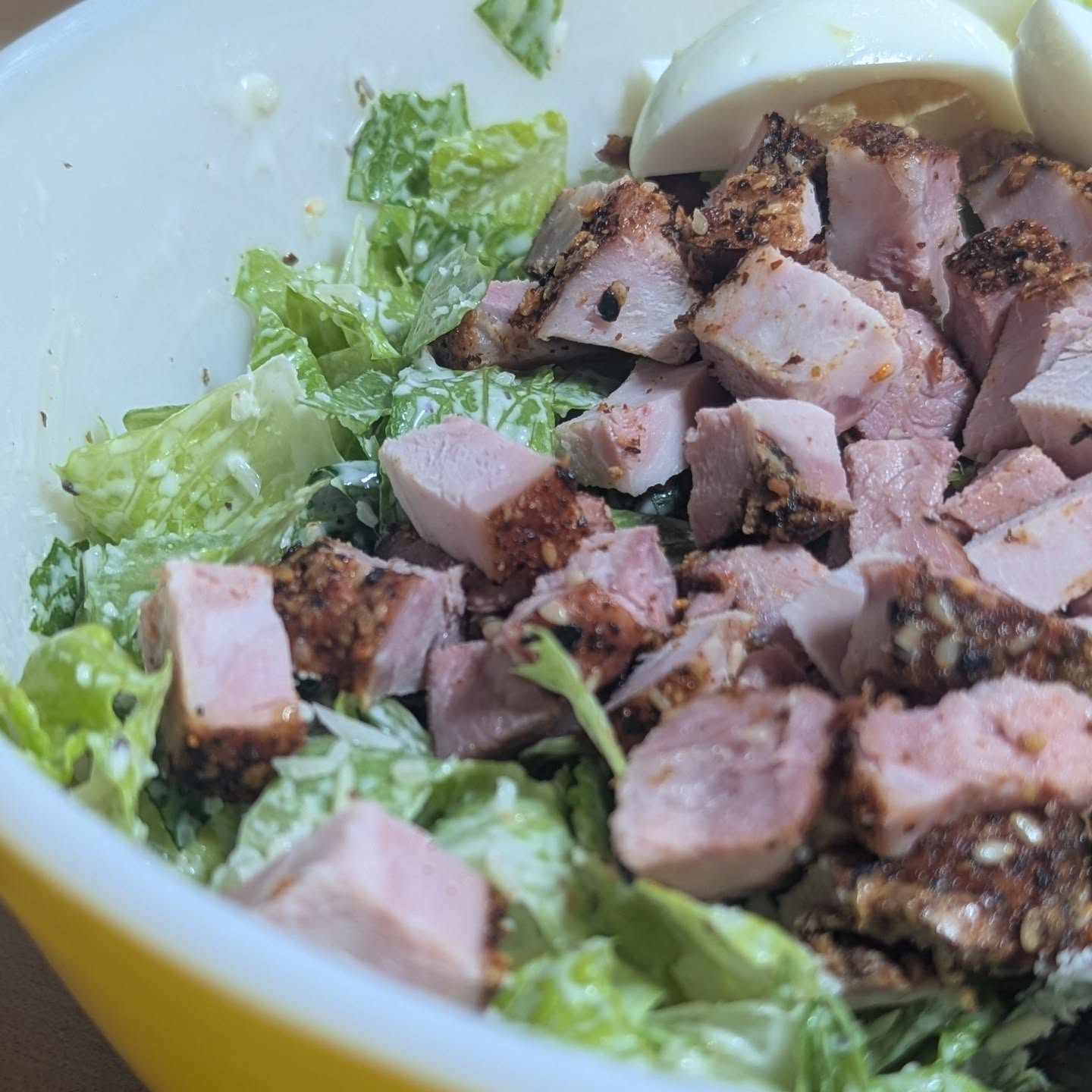 Another high protein lunch today. Hearts of Romain and celery are the base, tossed in @litehousefoods homestyle ranch and @spiceology togarashi seasoning. I then mixed in some Parmesan cheese and topped it with 2 hard boiled eggs and a cubed up pork chop. The pork chop was seasoned with the same togarashi and smoked with @bearmountainbbq pellets. It's amazing how wildly different you can make a salad taste by using a good seasoning to bring life to your lettuce base.#healthymeals #salad #bearmountainbbq #mealprep